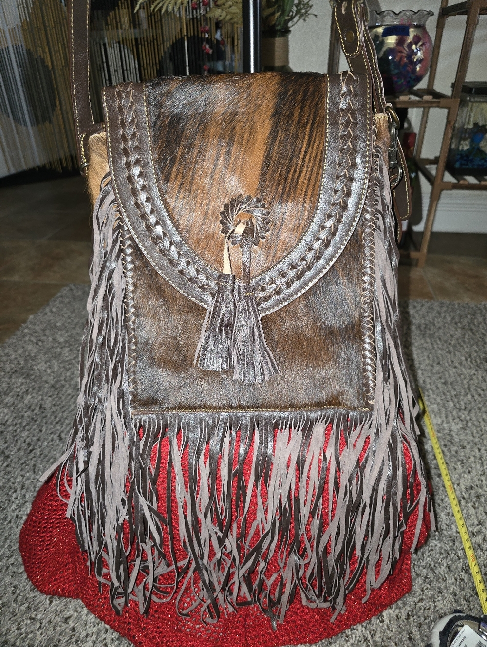 Fringed Brown Leather & Haircalf Crossbody Bag By Bella Renelli EUC